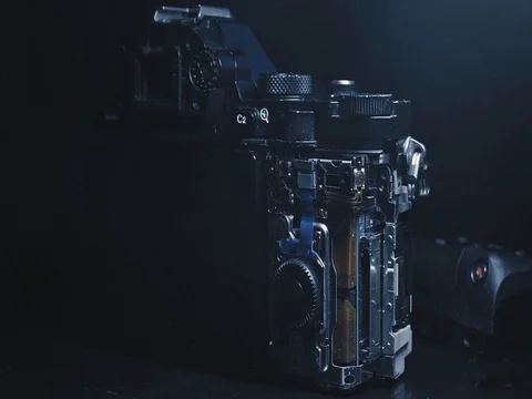 Disassemble camera, broken camera, repair on black background Stock Footage 84915046