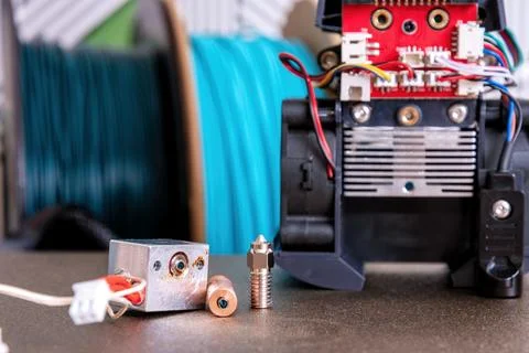 Disassembled 3d printer head and broken heat block Stock Photos