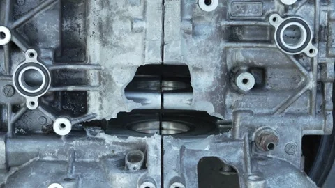 Disassembled aluminum car engine block casting on top of tire. Stock Footage 341137194