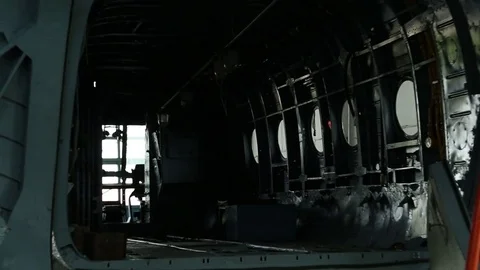 Disassembled cabin of the aircraft from the inside in the workshop. Stock Footage 82800088