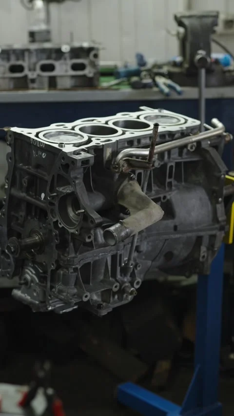 Disassembled car engine block mounted on a blue stand in workshop Stock Footage 340273572