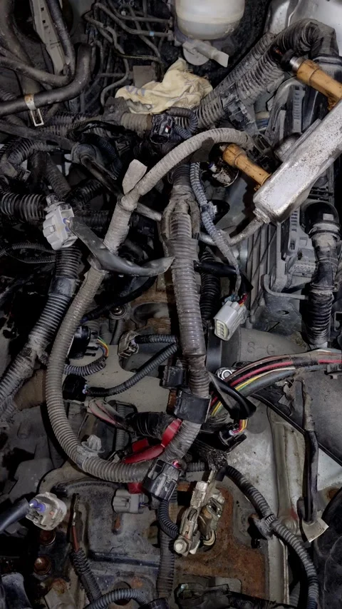 A disassembled car engine compartment with detached complex wiring looms. Stock Footage 339492223