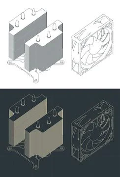 Disassembled CPU cooler isometric blueprints Stock Illustration