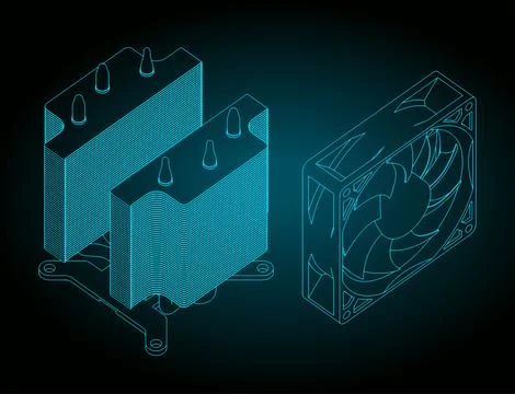 Disassembled CPU cooler isometric blueprints Stock Illustration