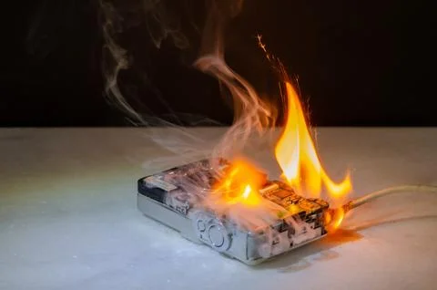 Disassembled digital camera burning with strong flame on board as fire danger Stock Photos