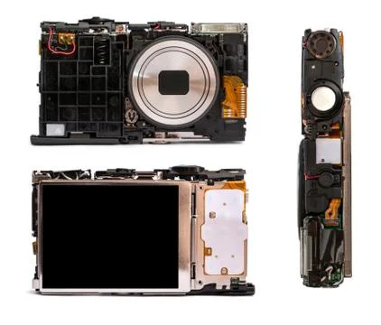 Disassembled digital camera from different angles. Stock-Fotos