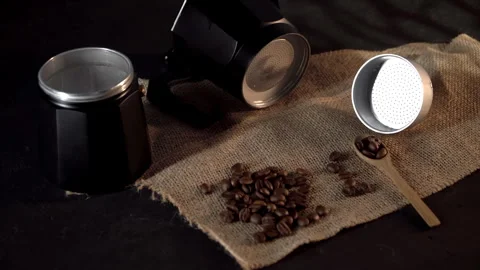 Disassembled Geyser Coffee Maker on Textured Fabric, Soft Light Stock Footage 268104030