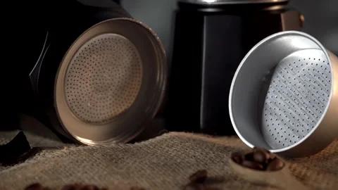 Disassembled Geyser Coffee Maker on Textured Fabric, Soft Light Stock Footage 268104461