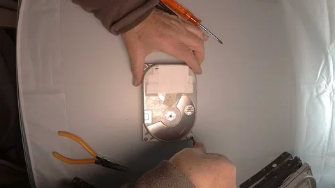 Disassembled hard drive from the computer, hdd with mirror effect. Opened har Stock-Footage 108618202