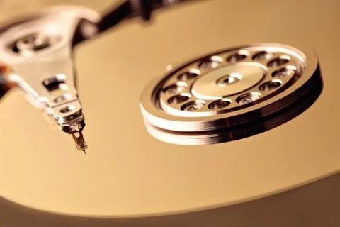 Disassembled hard drive from the computer, hdd with mirror effect. Opened har Foto stock