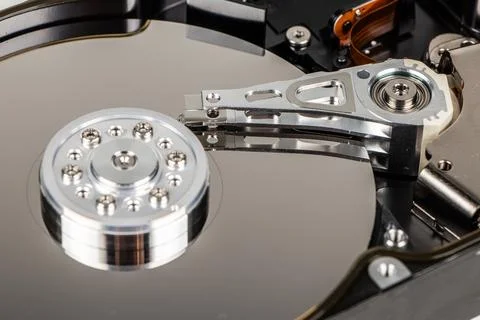 Disassembled hard drive from the computer, hdd with mirror effect. Opened h.. Stock-Fotos