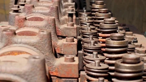 Disassembled Heavy Duty Diesel Engine Cylinder Head With Valve Springs. Stock Footage 344688669