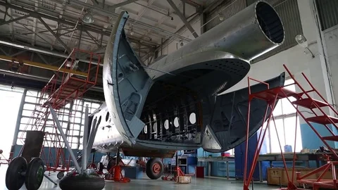 Disassembled helicopter cabin in the workshop. Stock Footage 82800124