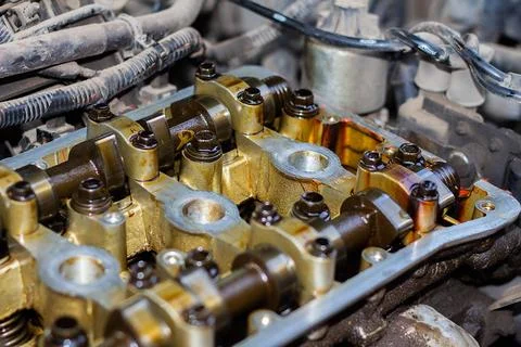 Disassembled internal combustion engine, close-up of the unit head Stock Photos