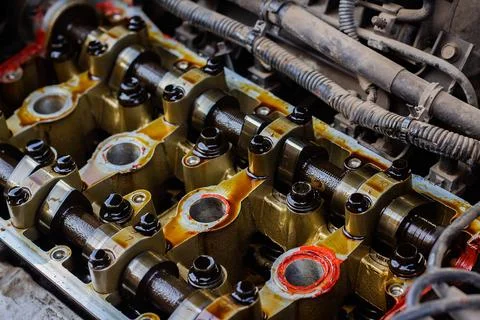 Disassembled internal combustion engine, close-up of the unit head Stock Photos