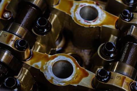 Disassembled internal combustion engine, close-up of the unit head Stock Photos