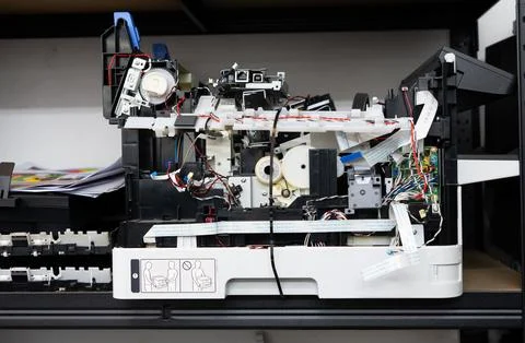 Disassembled office printer during maintenance Stock Photos
