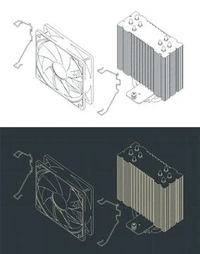 Disassembled tower type CPU cooler isometric blueprint 스톡 일러스트