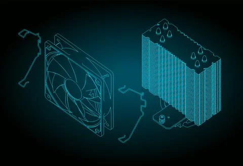 Disassembled tower type CPU cooler isometric blueprint 스톡 일러스트
