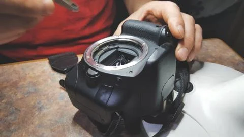 Disassembling and repairing of digital reflex camera Stock Photos