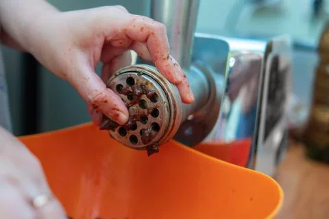 Disassembly of a meat grinder, emphasizing the intricate process of grindin.. Stock Photos