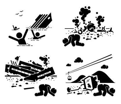 Disaster Accident Tragedy of Sinking Ship, Airplane Crash, Train Wreck, and Fall Stock Illustration