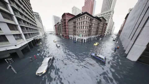 Disaster in the city. A camera captures a flooded intersection in the city. Stock Footage 259410711