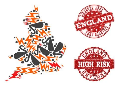 Disaster Collage of Mosaic Map of England and Scratched Stamps Stock Illustration