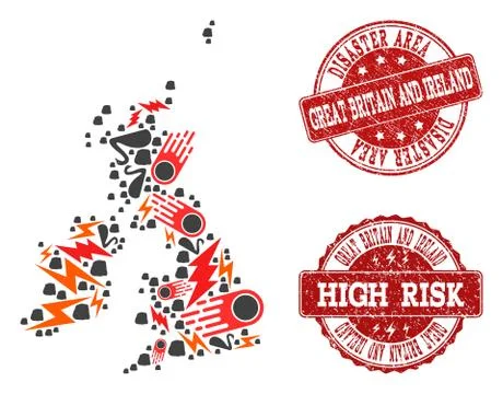 Disaster Collage of Mosaic Map of Great Britain and Ireland and Textured Stamps Stock Illustration
