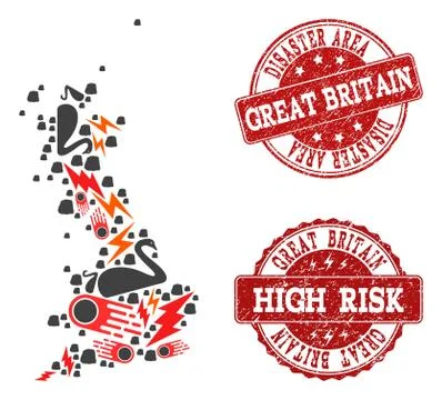 Disaster Composition of Mosaic Map of Great Britain and Grunge Seals Stock Illustration