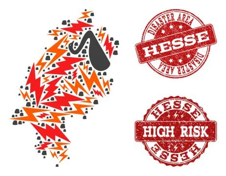 Disaster Composition of Mosaic Map of Hesse State and Grunge Stamps Stockillustratie