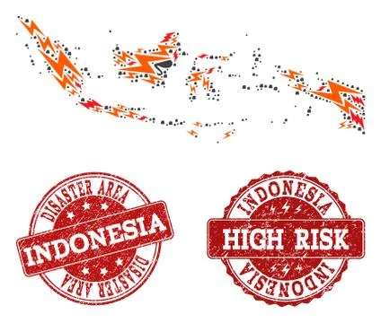 Disaster Composition of Mosaic Map of Indonesia and Textured Stamps Stock-Illustration