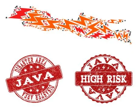 Disaster Composition of Mosaic Map of Java Island and Textured Stamps Stock-Illustration