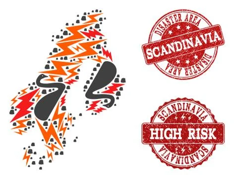 Disaster Composition of Mosaic Map of Scandinavia and Textured Seals Stock Illustration