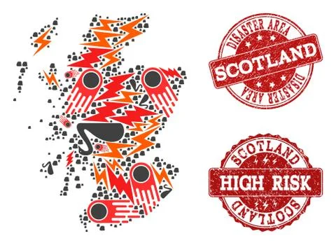 Disaster Composition of Mosaic Map of Scotland and Grunge Seals Stock Illustration