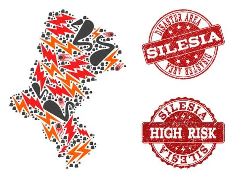 Disaster Composition of Mosaic Map of Silesia Voivodeship and Grunge Stamps Stock-Illustration