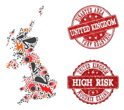Disaster Composition of Mosaic Map of United Kingdom and Distress Stamps Stock Illustration