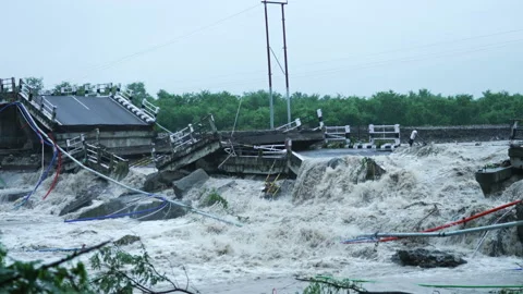 Disaster heavy rain bridge collapsed Stock Footage 162175233