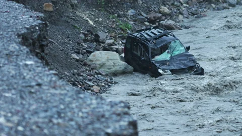 Disaster heavy rain road collapse Stock Footage 162174565
