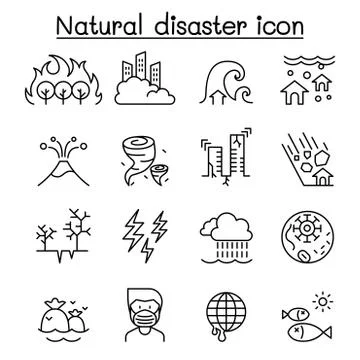 Disaster icon set in thin line style Stock Illustration