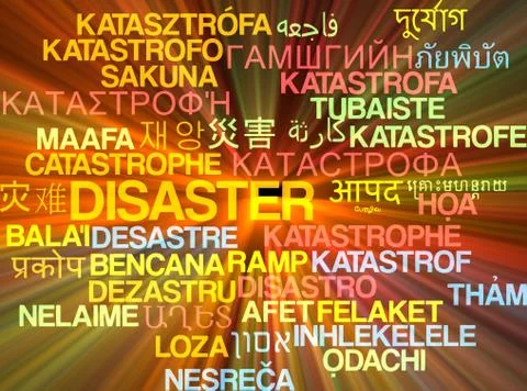 Disaster multilanguage wordcloud background concept glowing Stock Illustration