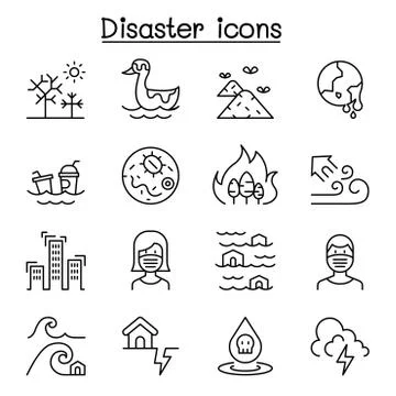 Disaster, pollution icon set in thin line style 스톡 일러스트