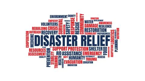 Disaster Relief Word Cloud Typography Design with Emergency Aid and Humanit.. Stock Illustration