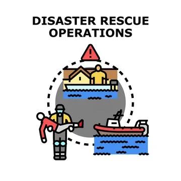 Disaster rescue operations saving people from flooding Stock Illustration