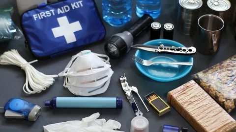 Contents Of A Survival Kit On Display Stock Photo - Download Image Now -  First Aid Kit, Emergency Sign, Survival - iStock