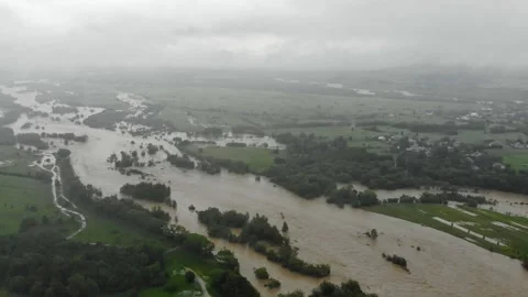 Disaster.After strong rain. Giant roiling brown muddy water. Stock Footage 133451963