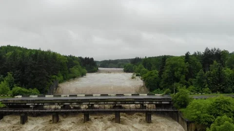 Disaster.Breakthrough of the dam.Dirty water.Swollen boiling creating. Damage Stock Footage 133455160