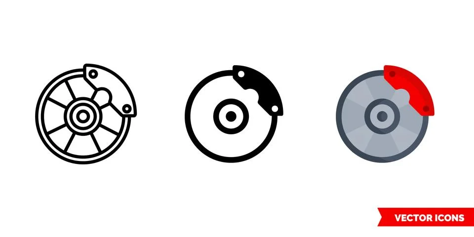Disc brake icon of 3 types. Isolated vector sign symbol. Stock Illustration