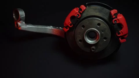Disc brakes with two red calipers for hydraulic handbrake Stock Footage 302959418