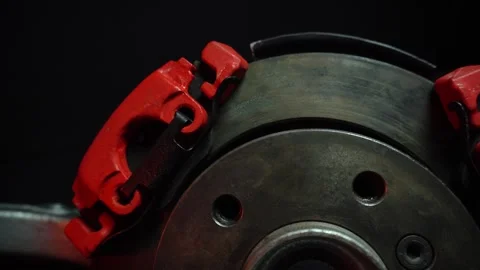 Disc brakes with two red calipers for hydraulic handbrake Stock Footage 302959438